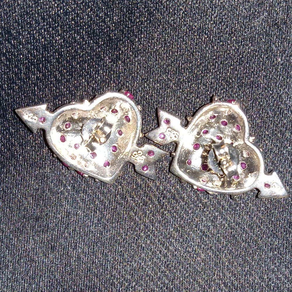 925 Sterling Silver Pink Ruby Cupids Heart Earrings - Picture 2 of 2